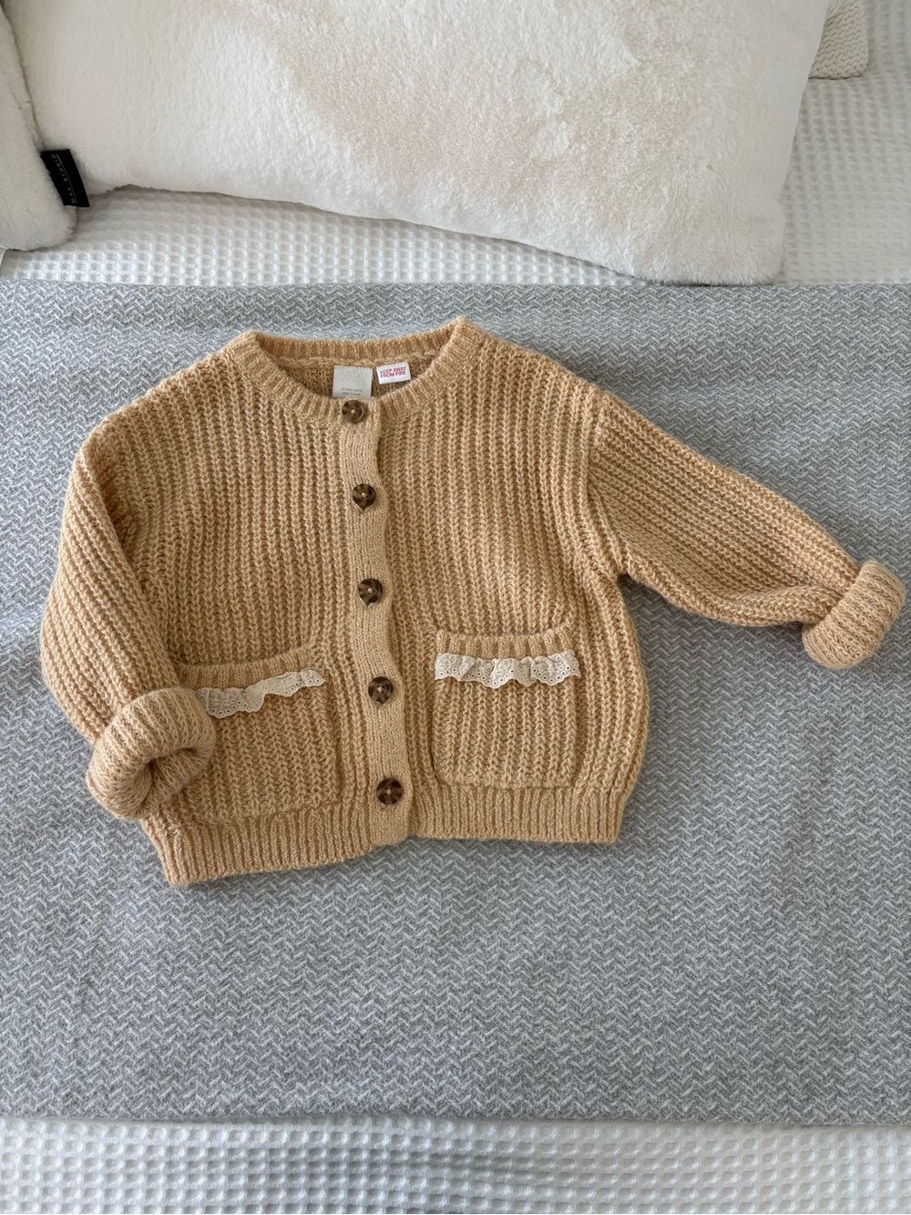 Zara Camel Knit Cardigan with Lace-Trim Pockets